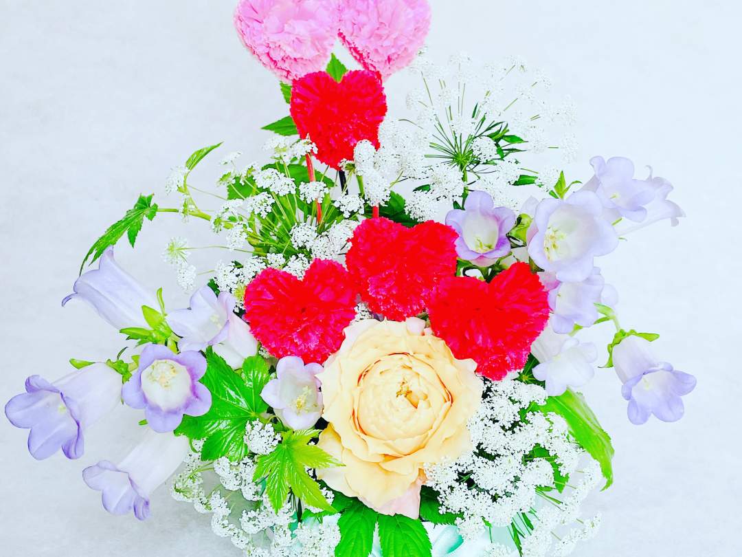 ¥11,000
カーネーションと季節のお花を沢山使っています。